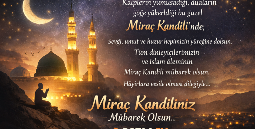 ROTAA FM Miraç Kandili tebrik görseli, cami silüeti, hilal ay ve dua eden insan figürüyle manevi gece teması